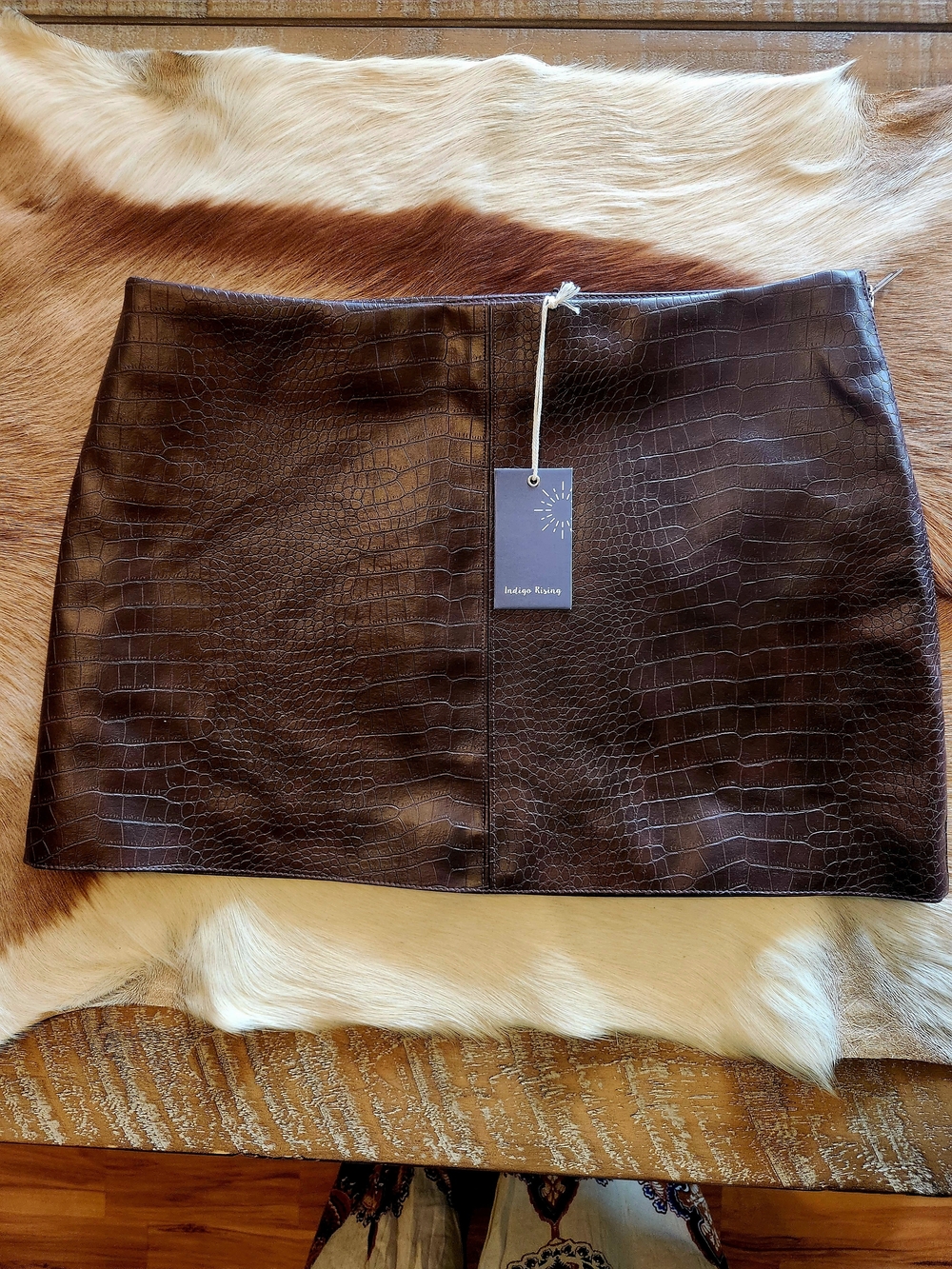 Faux Croc Textured Mini Skirt in Dark Brown